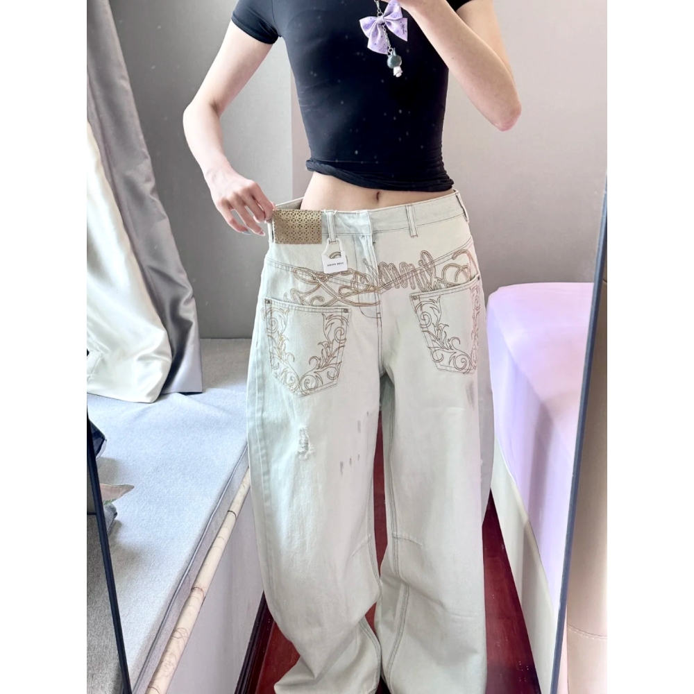 美式复古解构设计感弯刀牛仔裤女2025秋季辣妹刺绣设计感拖地长裤