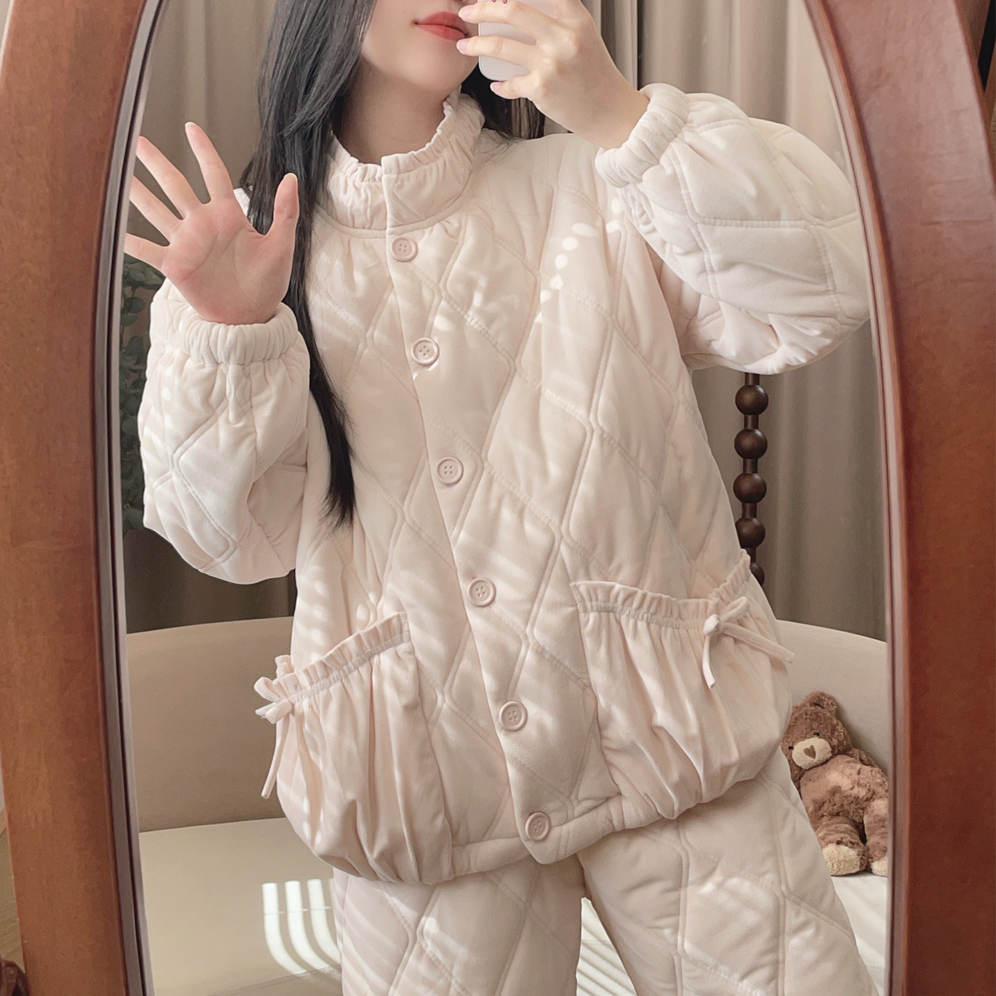 [6340] 三层夹棉睡衣长袖冬加厚冬季家居服套装甜美风韩版女士