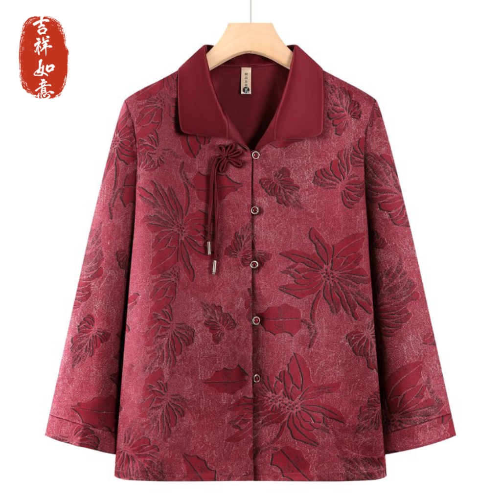 妈妈秋装套装中老年人女装薄款上衣奶奶春秋外套老人休闲长袖衬衫