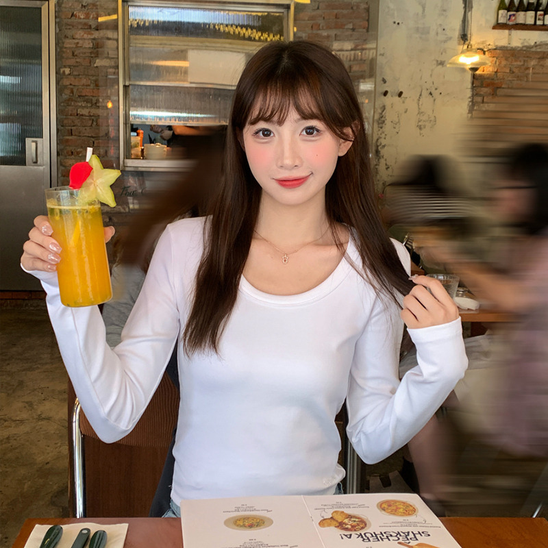 白色修身打底衫女2025早秋季新款U领上衣高级感韩系长袖T恤