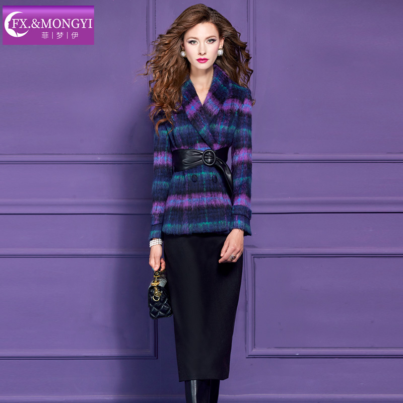 菲梦伊含羊毛高级感套装女冬季加厚格子毛呢外套黑色半裙69295