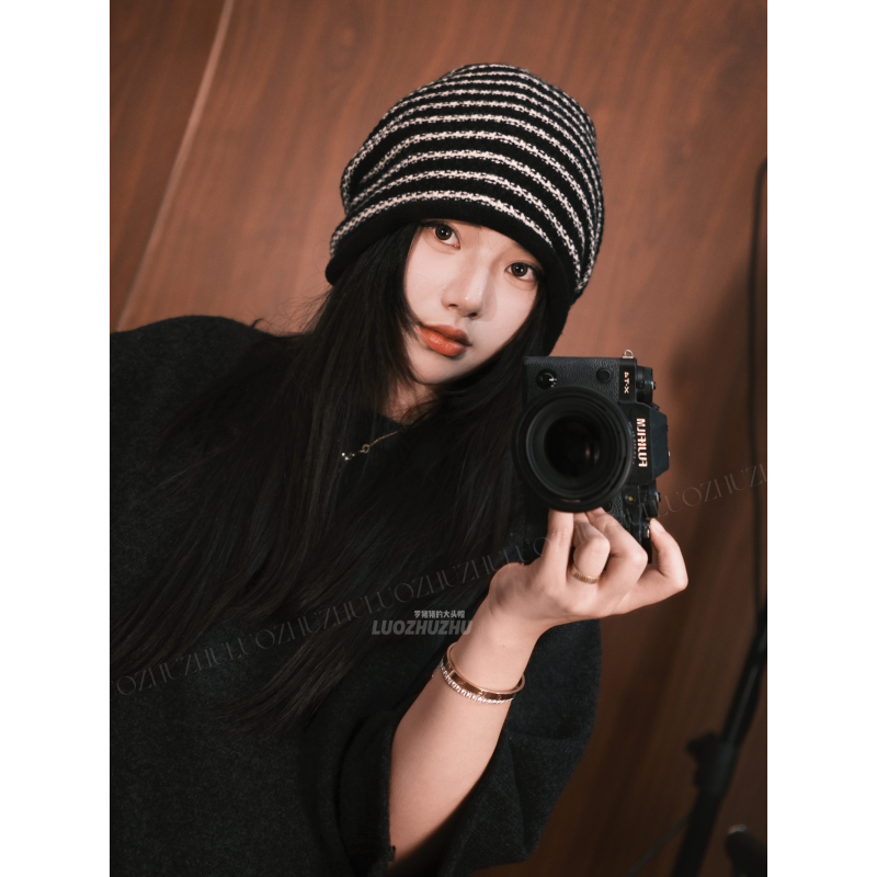 罗猪猪【条纹堆堆】100%冷大版帽女秋冬韩版显脸小百搭毛线帽潮