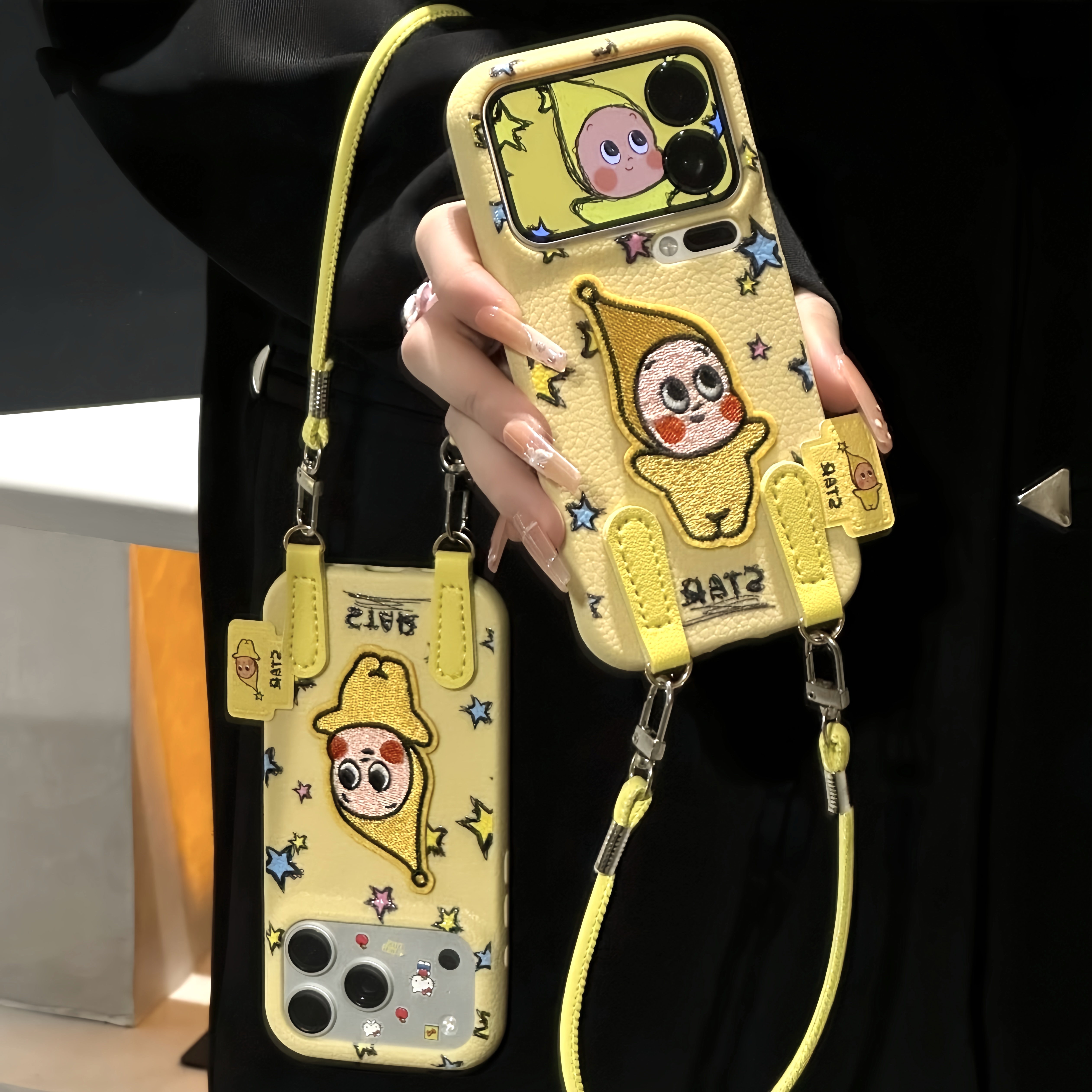 星星人刺绣贴挂绳适用苹果17/16promax手机壳华为vivoppo小米一加