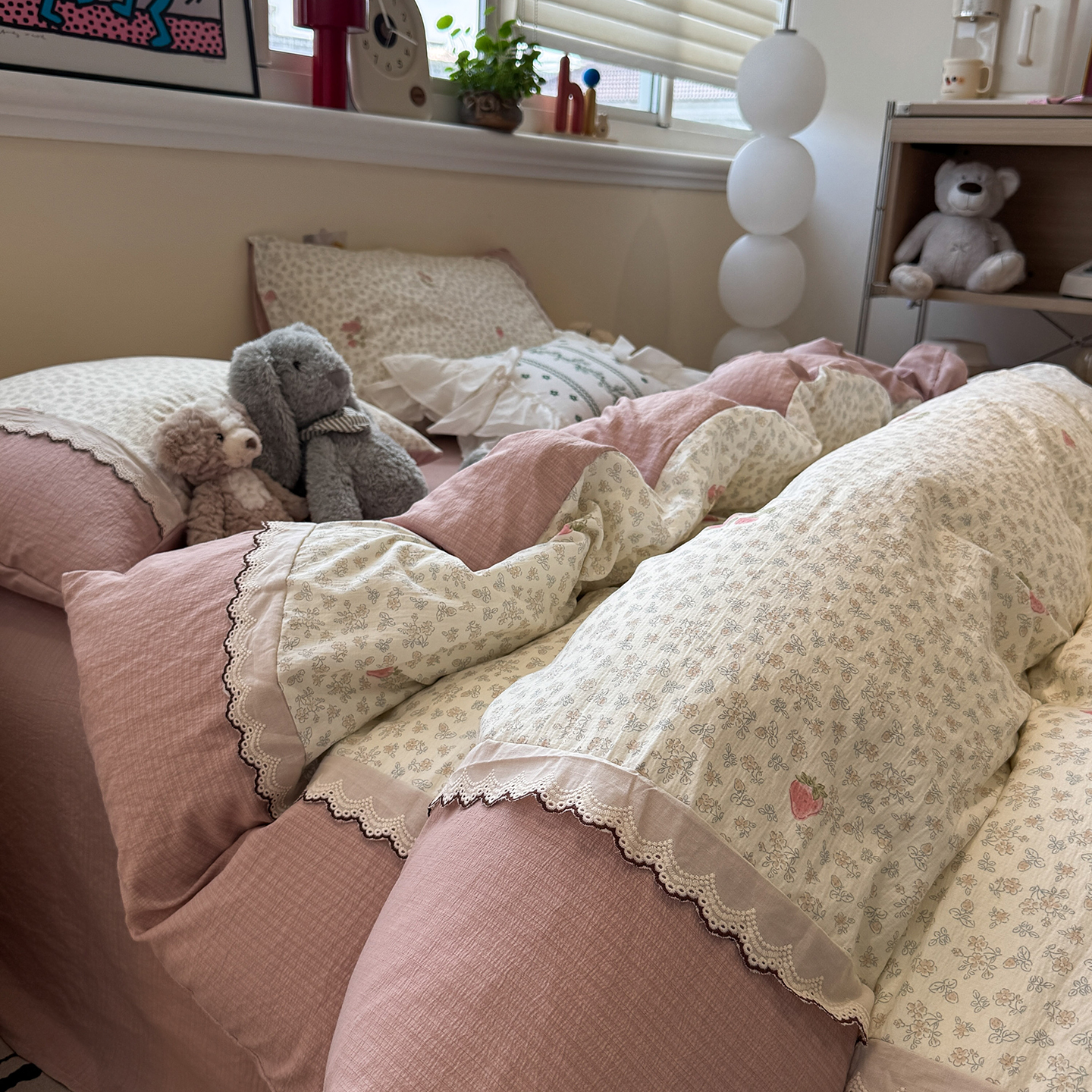 小清新玫瑰碎花超柔云感皱皱纱床上四件套非全棉纯棉花边被套床单