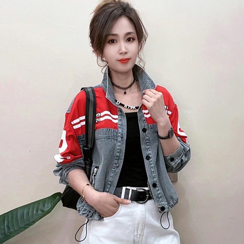 2025春秋季新款女士时尚潮流拼接牛仔短外套洋气百搭立领夹克上衣