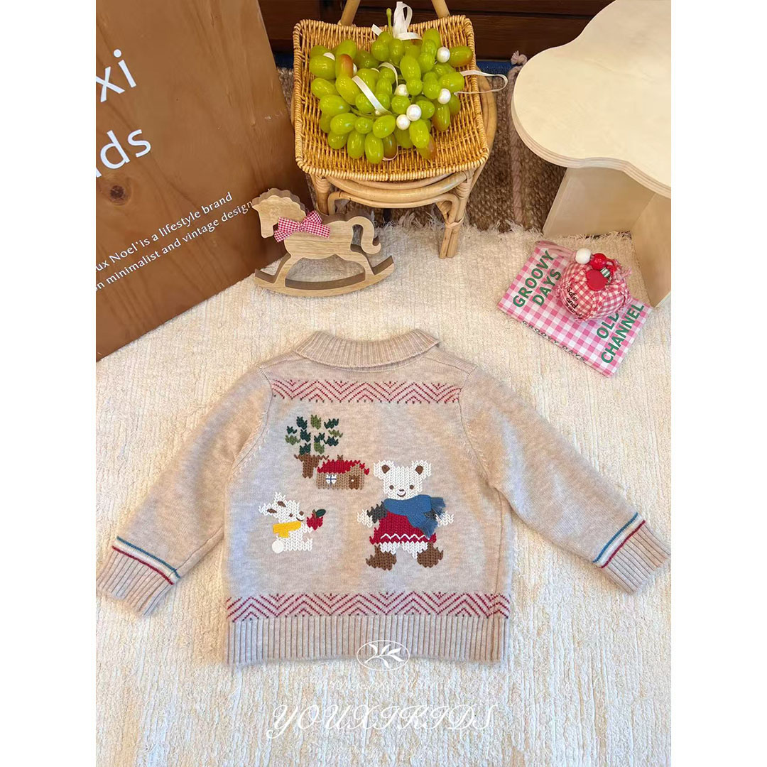 现飞飞家·超重工25秋冬儿童韩版卡通刺绣洋气圆领毛衣开衫 FF3045