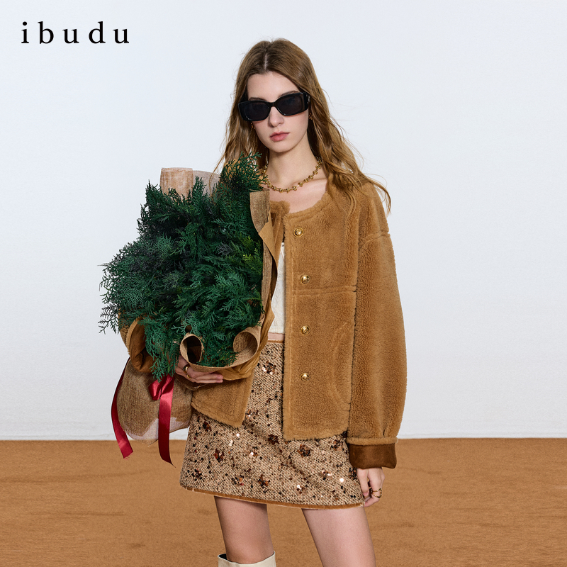 人造皮草 三彩ibudu2025冬季新款环保皮草圆领毛绒外套短款女