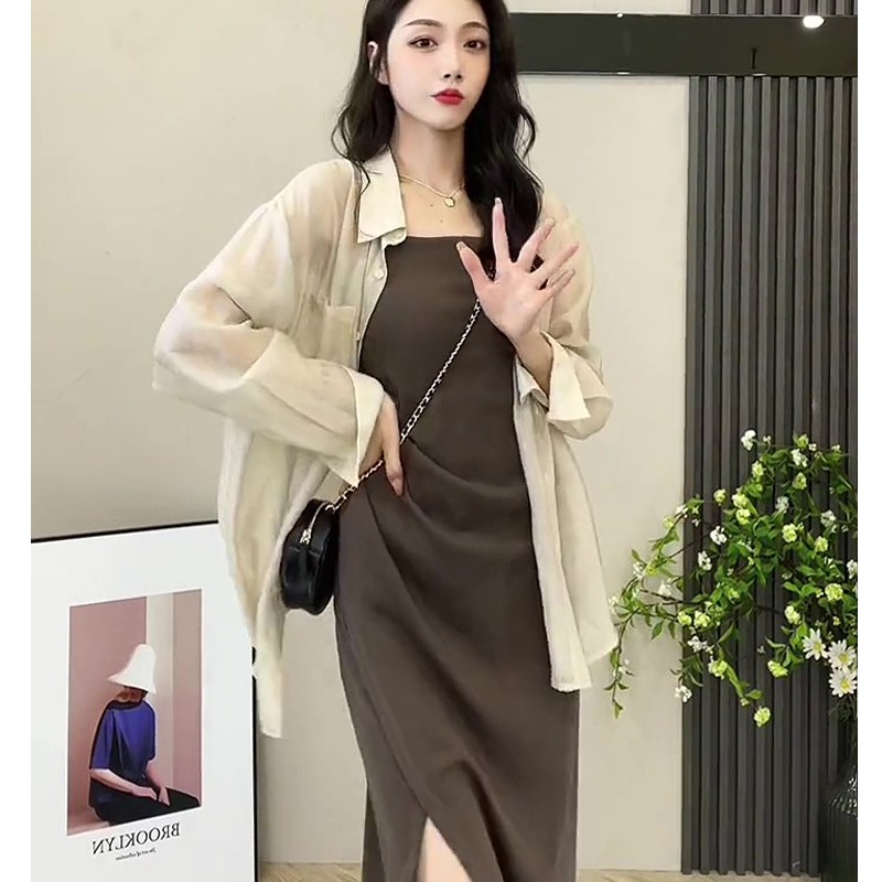 薄款防晒衬衫外套开叉收褶吊带连衣裙2025春季新款韩系时尚套装女