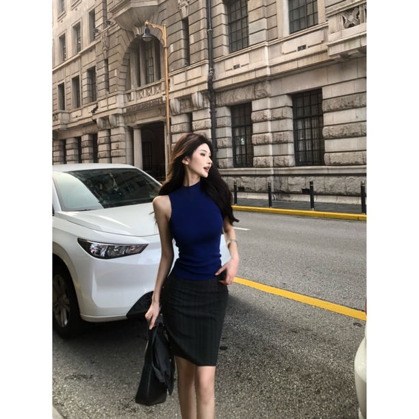 蔡蔡家-克莱因蓝半高领无袖针织背心上衣法式包臀短裙女2002#