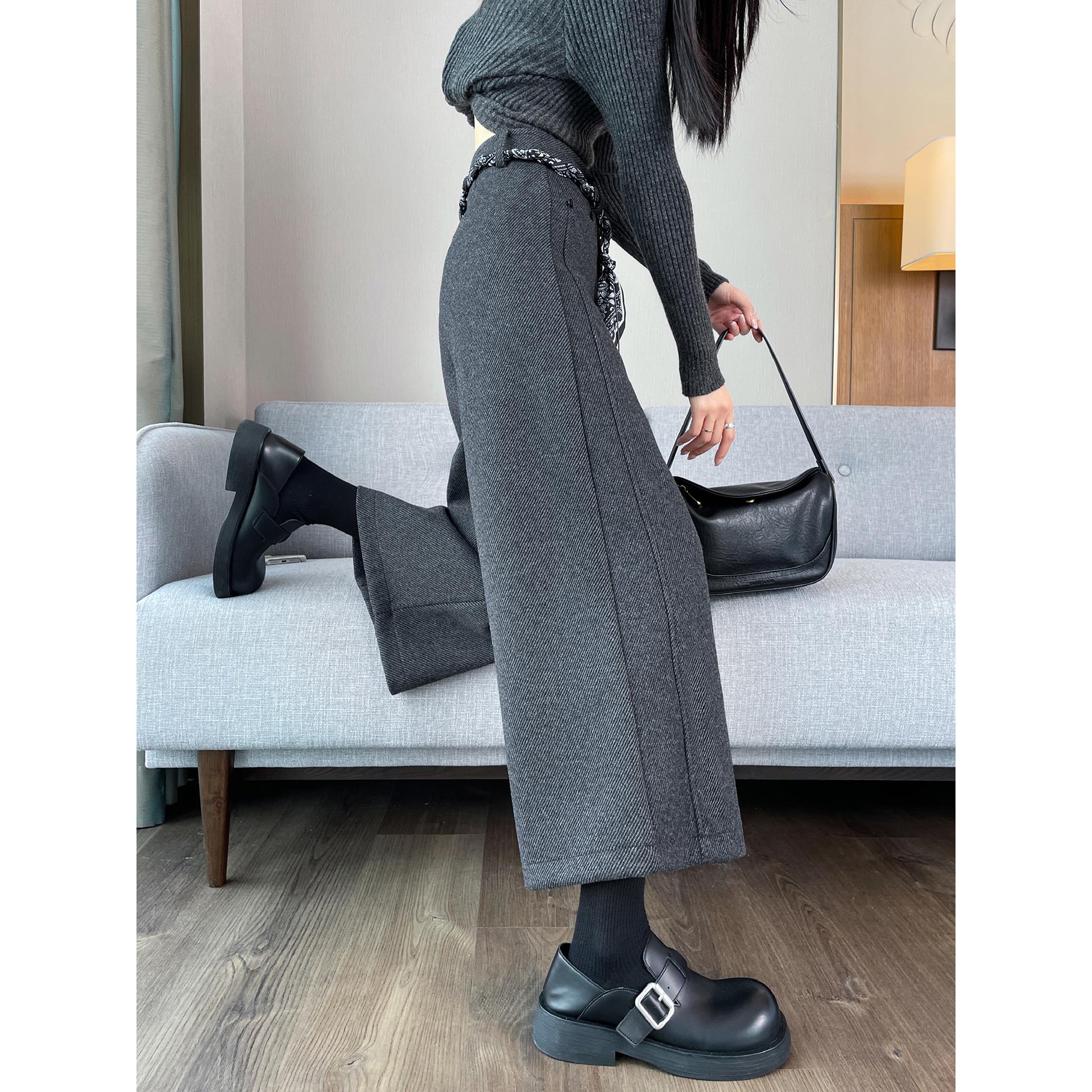 灰色毛呢阔腿裤女秋冬2025新款韩版高腰小个子分羊毛裤子