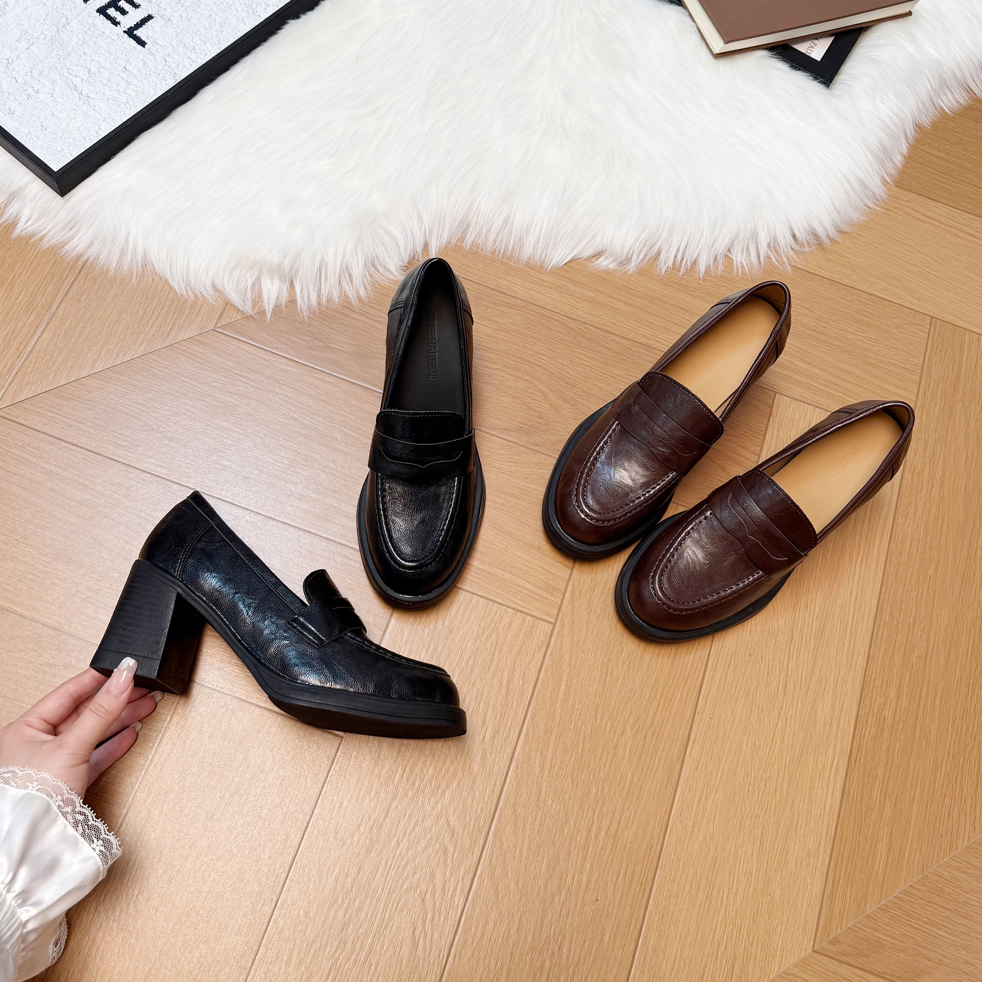 8cm英伦风粗跟单鞋2025秋季新款一脚蹬乐福鞋黑色百搭jk小皮鞋女