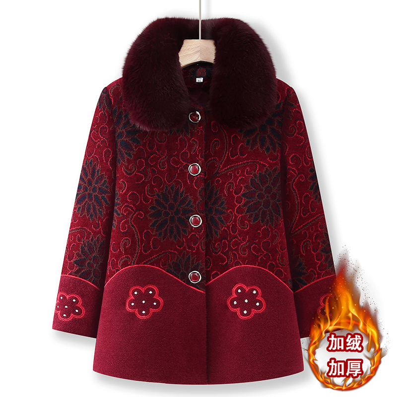 奶奶冬装水貂绒大衣女加绒加厚妈妈保暖外套中长款老太太婆婆棉衣