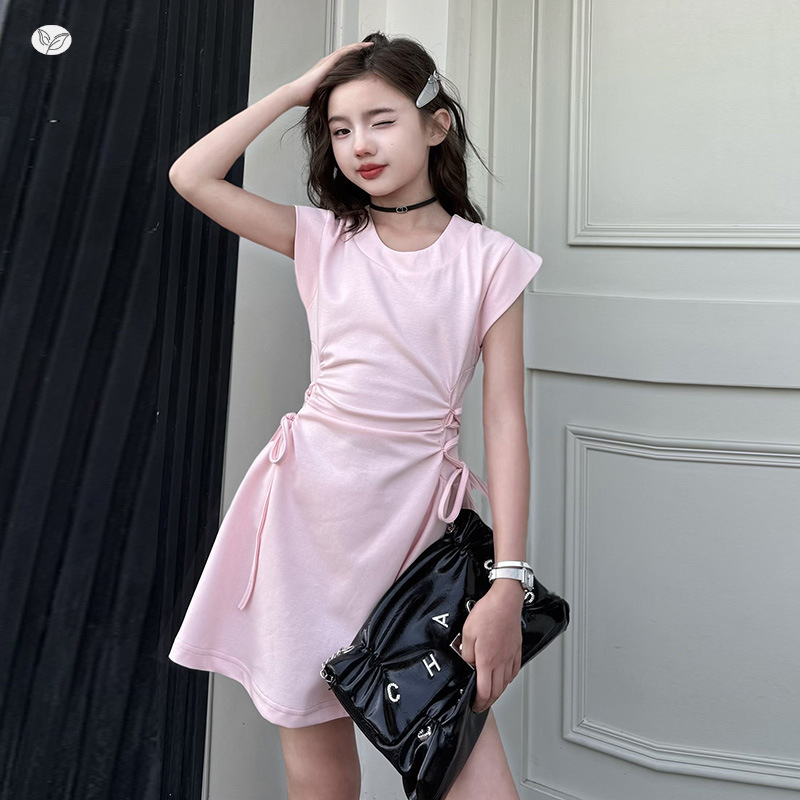 女童夏裙子2025新款韩系抽绳连衣裙中大童收腰显瘦A字裙T恤裙洋气