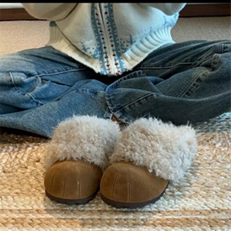复古风毛毛勃肯鞋女冬外穿一脚蹬加绒保暖懒人包头拖丑萌圆头棉鞋