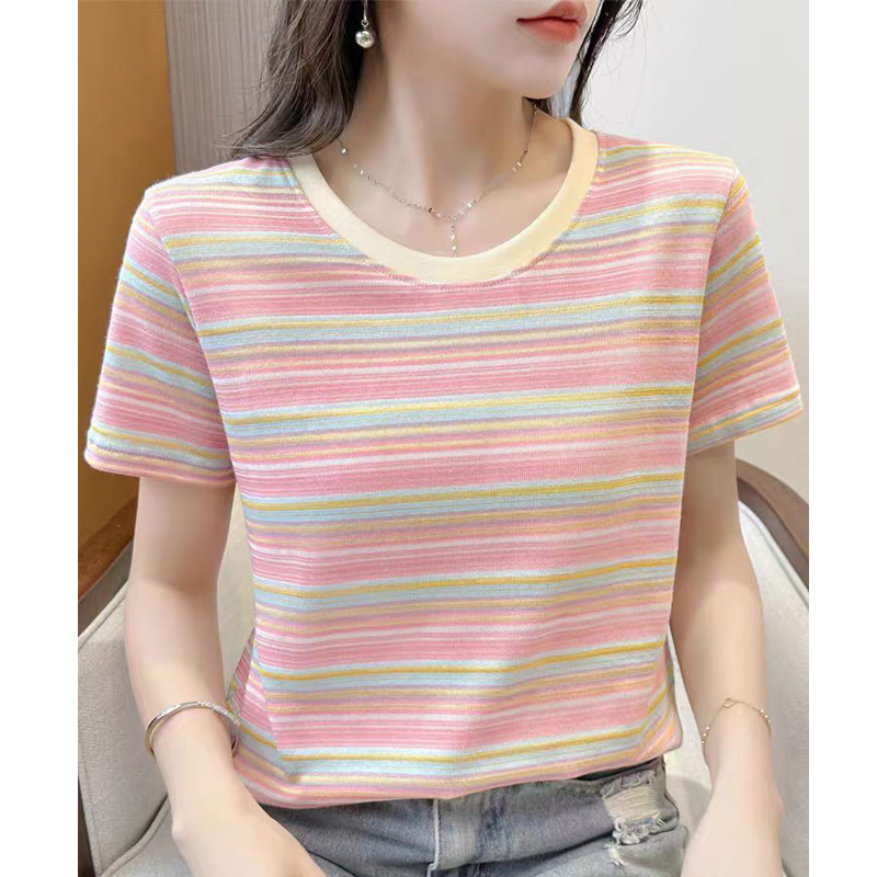 9121#彩虹条纹短袖t恤女夏季新款粉色显瘦多巴胺正肩上衣圆领体恤