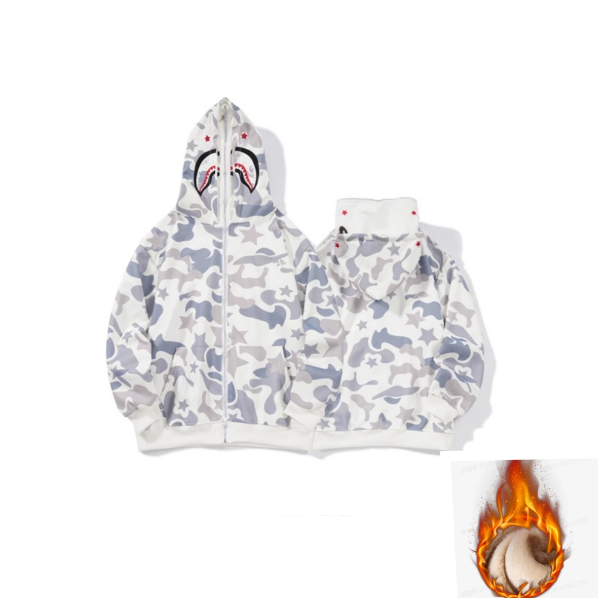 加绒休闲双帽鲨鱼卫衣男女连帽迷彩秋冬季落肩袖开衫长袖时尚外套