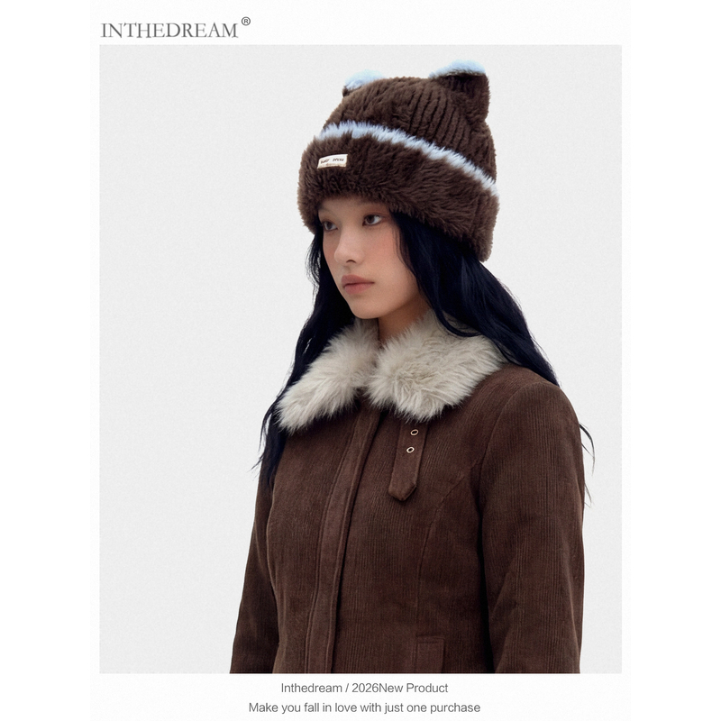 日系可爱猫耳朵毛绒针织毛线帽子女冬季保暖护耳百搭显脸小套头帽