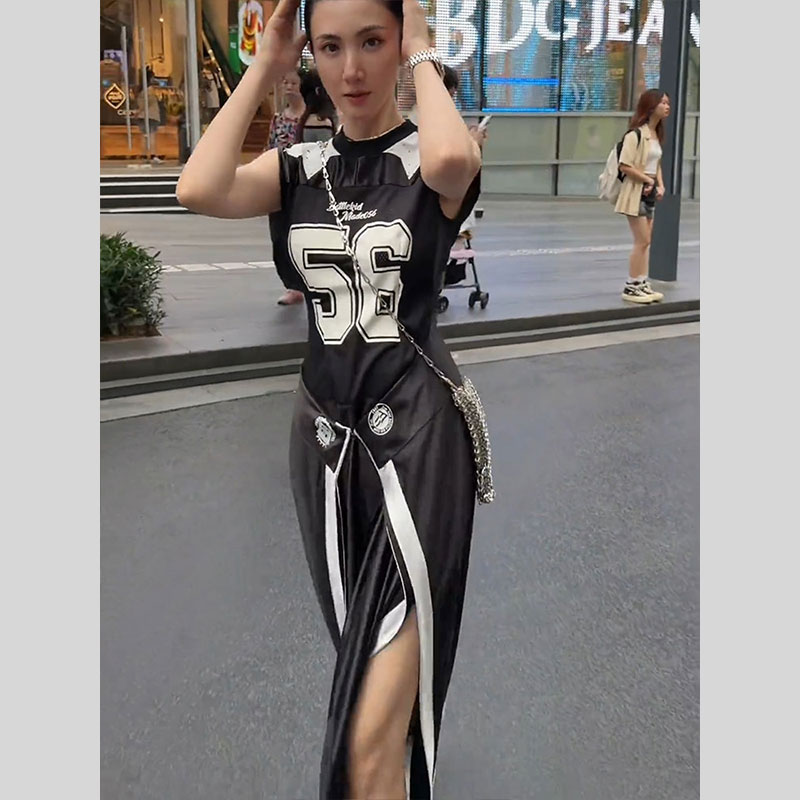 夏季时尚开叉气质高级感连衣裙女黑色长款今年流行爆款裙子显瘦