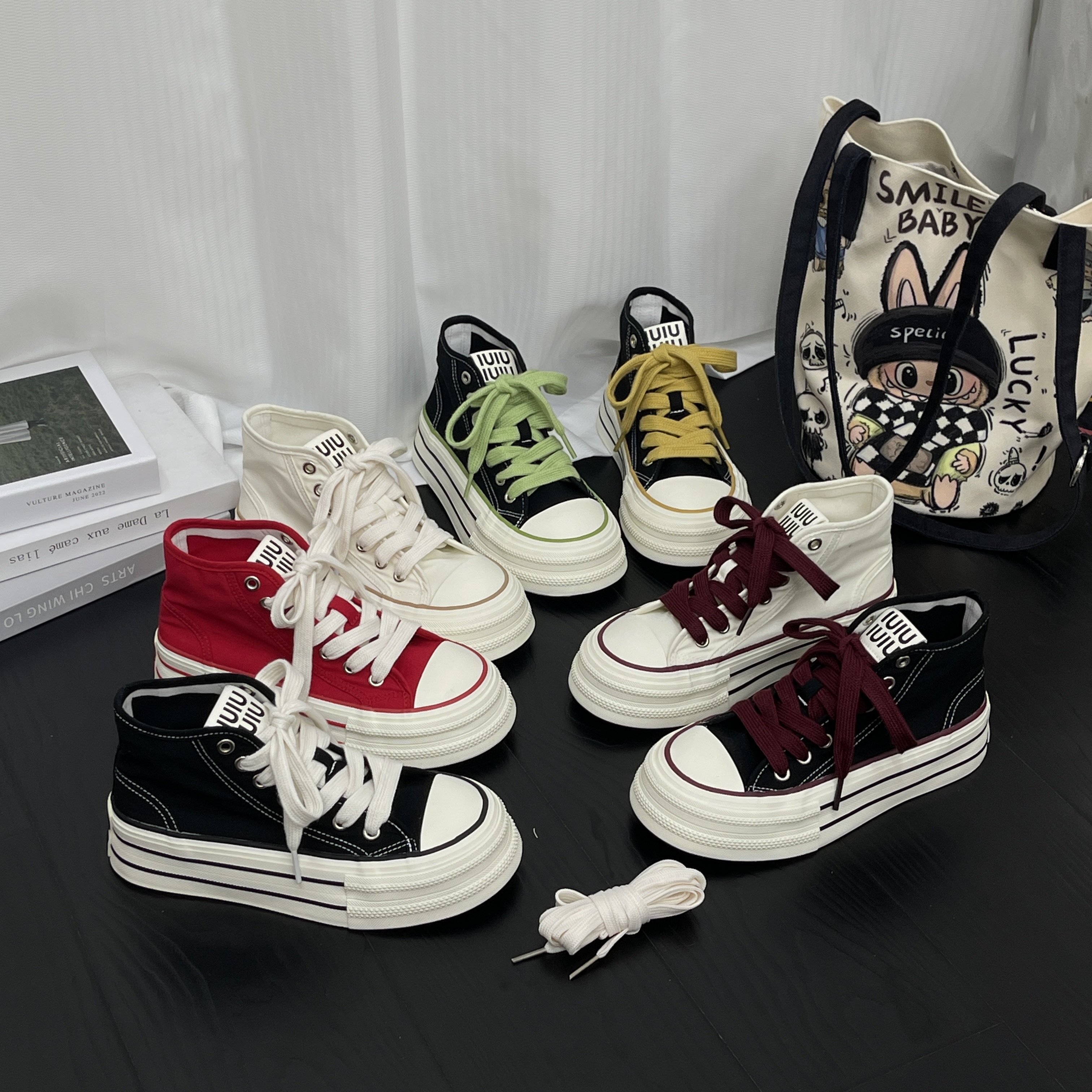 圆头韩版百搭高帮帆布鞋2025秋冬潮流厚底休闲系带板鞋