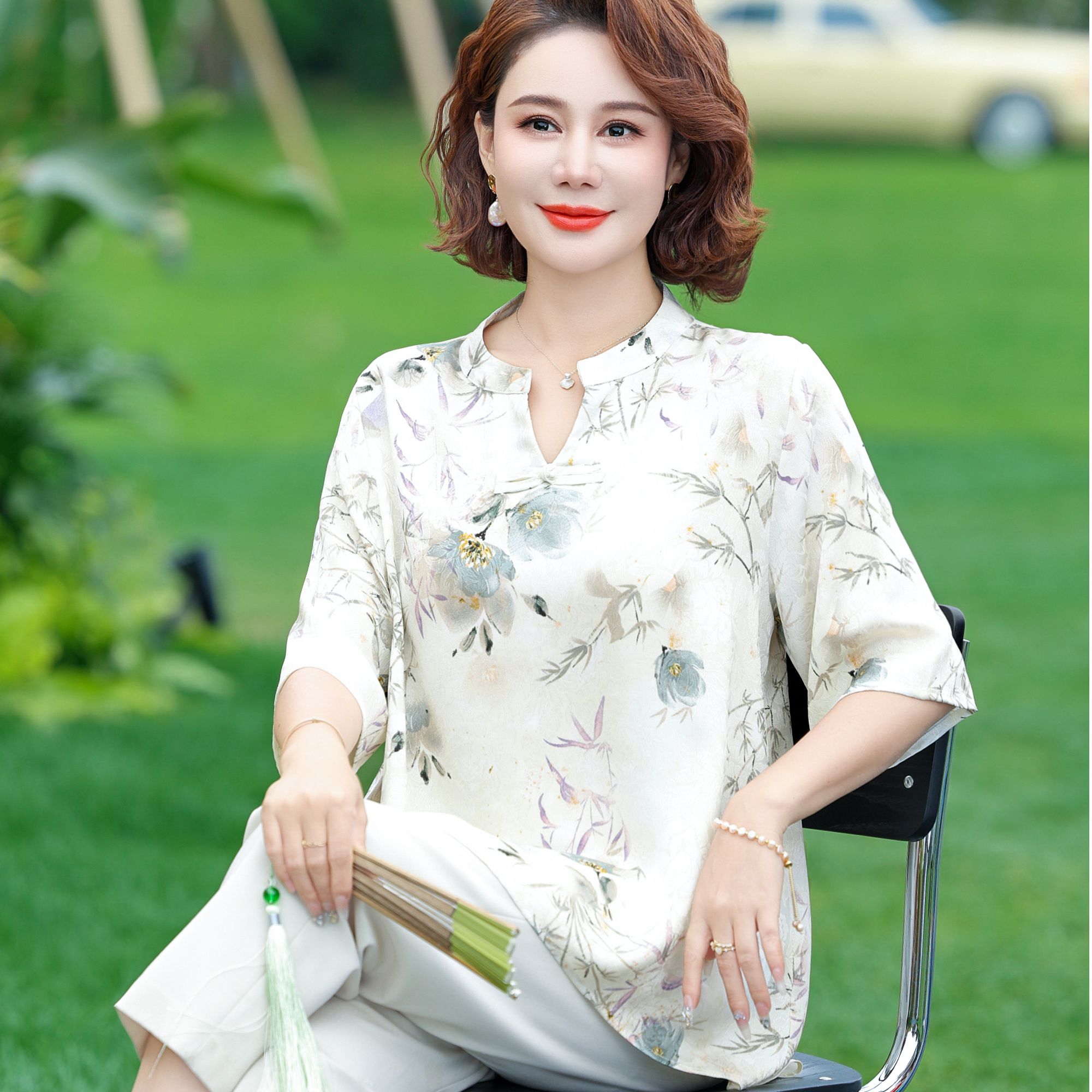 气质中年妈妈夏装短袖两件套2025新款洋气中老年女夏季套装