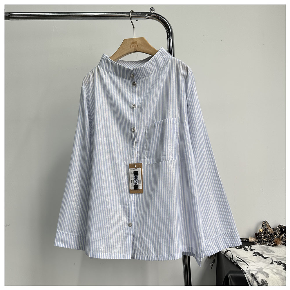 C112秋季新款女士休闲宽松半高领长袖亮丝百搭条纹衬衫女