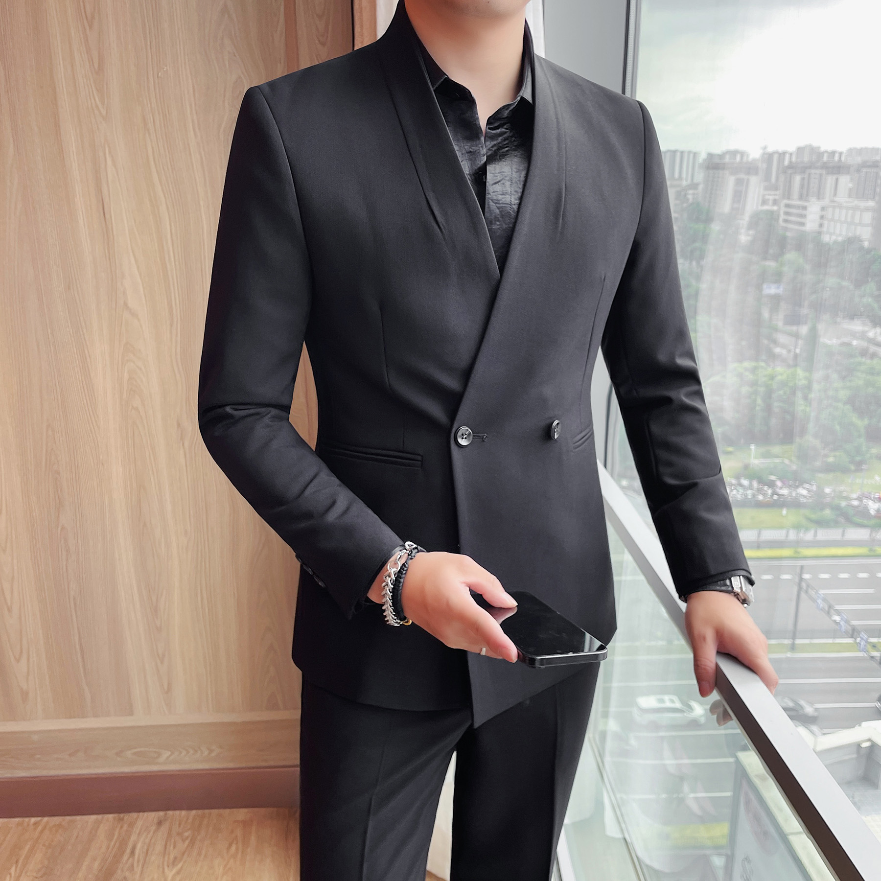 青果领双排扣西服套装男款高级感商务休闲西装外套男士韩版小西装