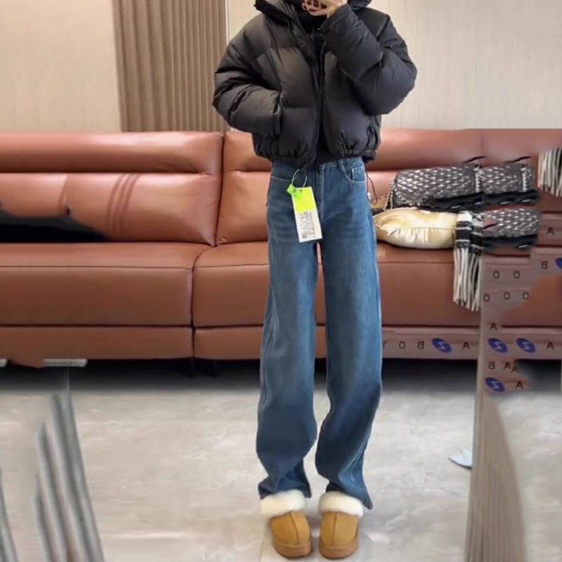 2025秋冬新款加绒窄版阔腿牛仔裤女复古高腰显瘦宽松拖地直筒长裤