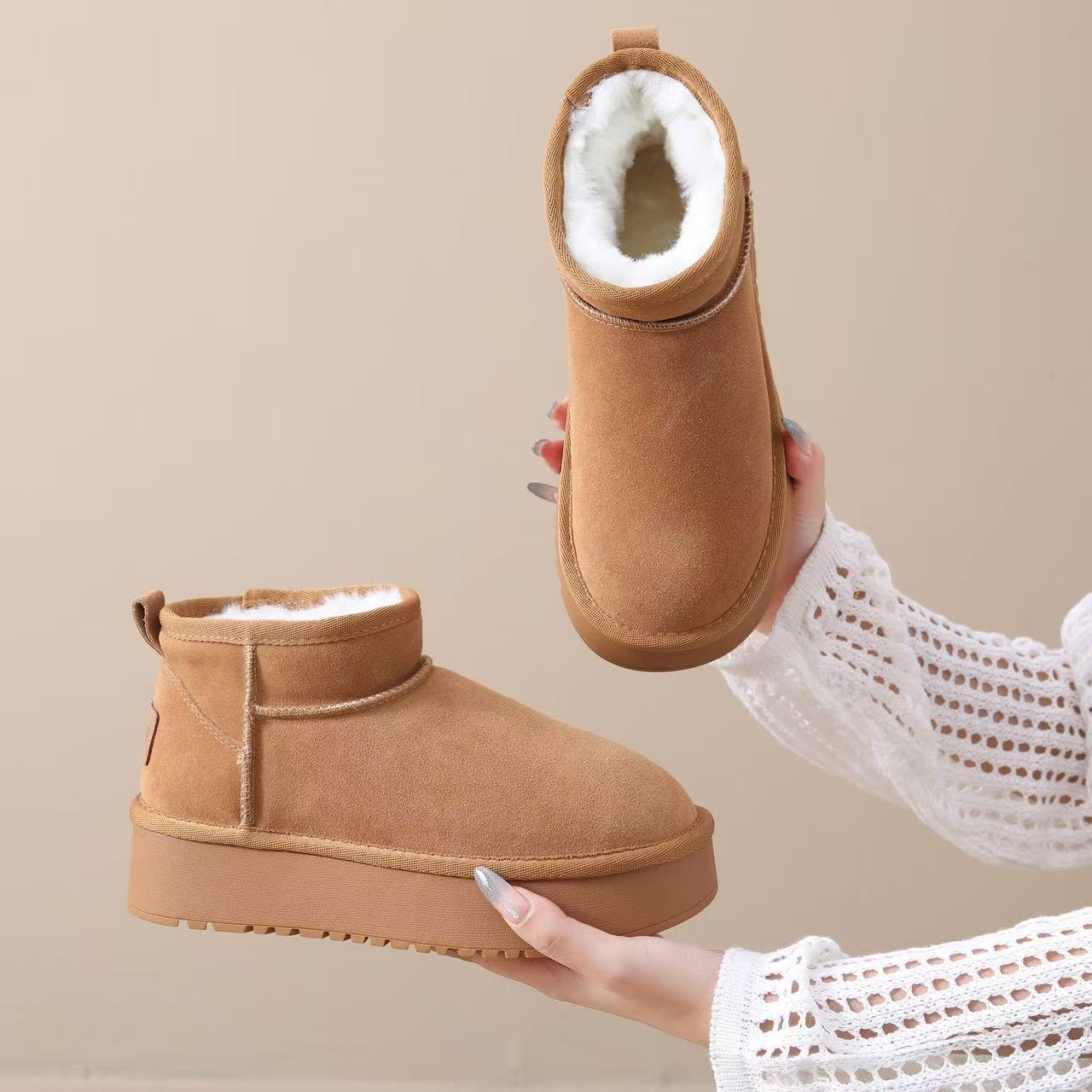 周冬雨同款真皮雪地靴厚底增高5厘米小个子冬季加绒加厚雪地棉鞋