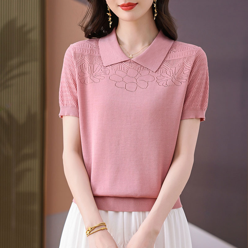 娃娃领莱赛尔天丝短袖T恤女时尚洋气百搭减龄翻领夏季薄款针织衫