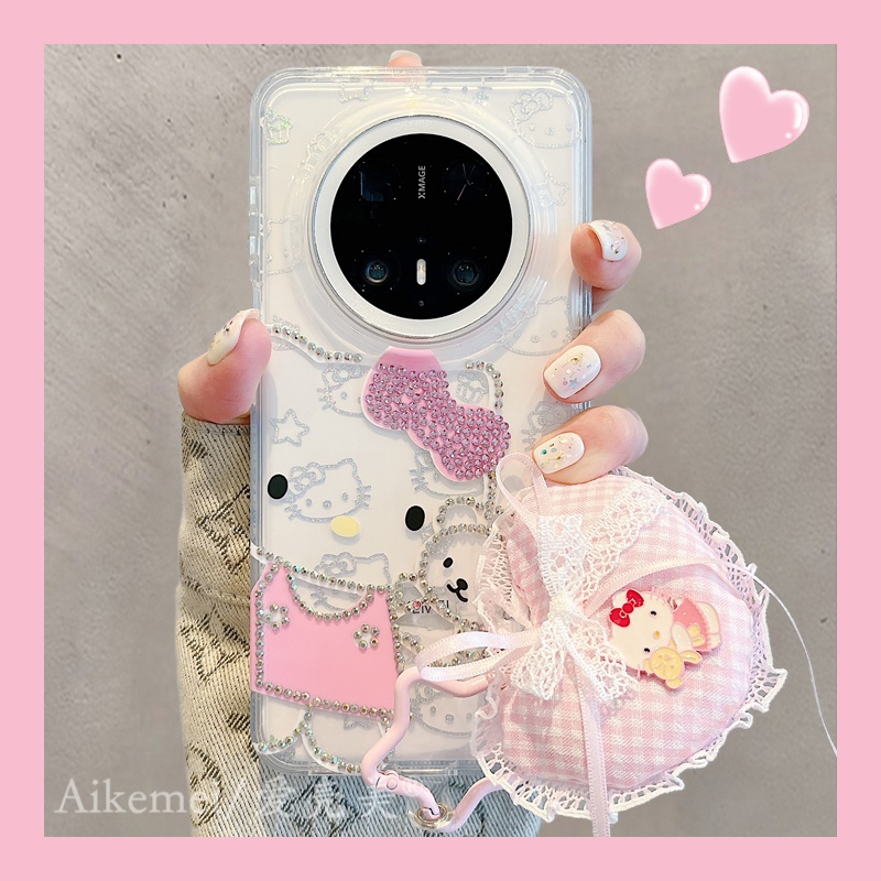 适用华为mate70pro+手机壳少女心点钻Mate60pro+小熊kt猫爱心挂件