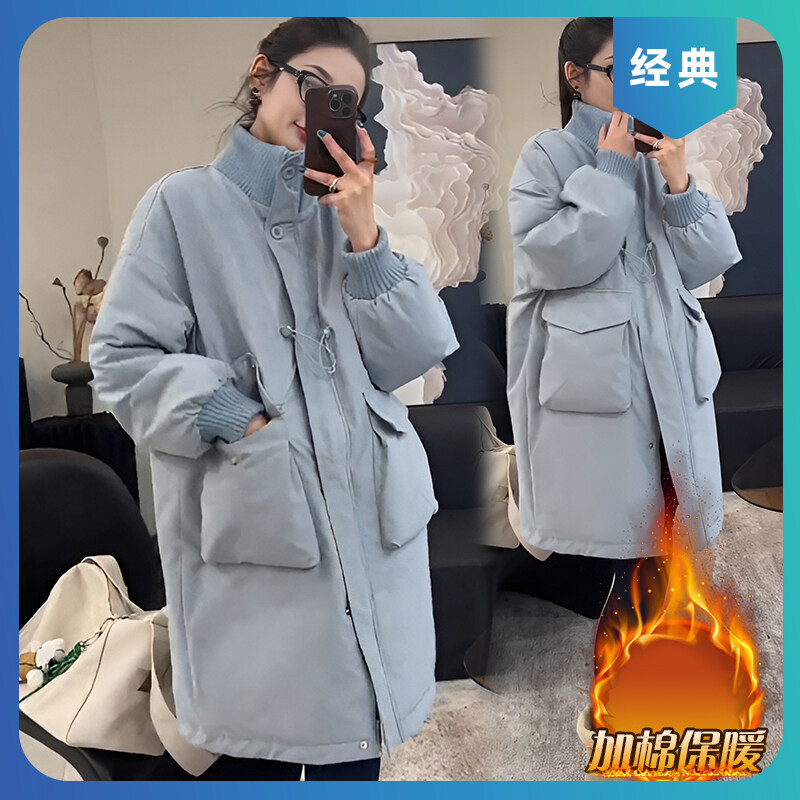 欧洲站中长款收腰立领大口袋棉衣女2025冬季新款韩版加棉棉服外套