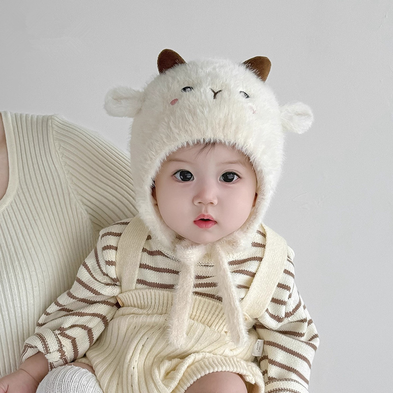 婴儿帽子秋冬季毛绒护耳帽男女宝宝外出保暖防风加厚针织帽套头帽