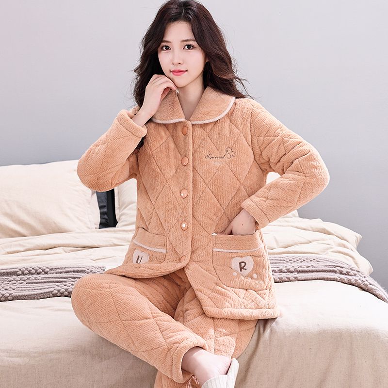 1101冬女款加绒加厚保暖家居服套装三层夹棉牛奶绒可外穿加绒睡衣
