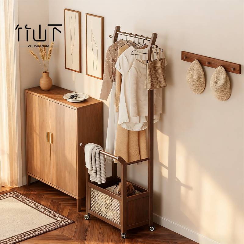 家用落地衣帽架可移动简易室内专用衣服架立式实木带脏衣篓挂衣服