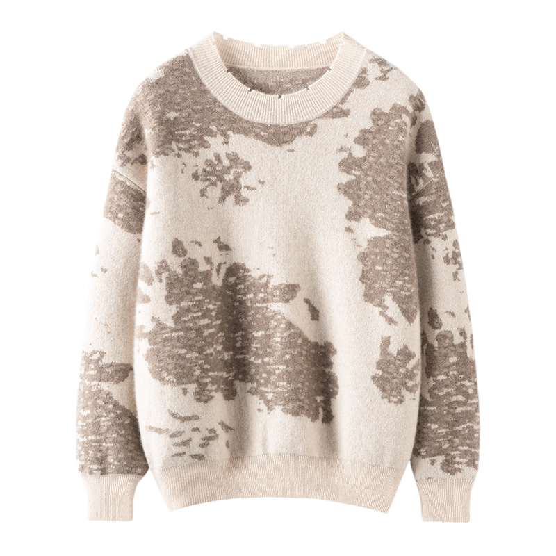 提花保暖女士衫圆领百搭宽松提花休闲毛衣100%纯羊毛