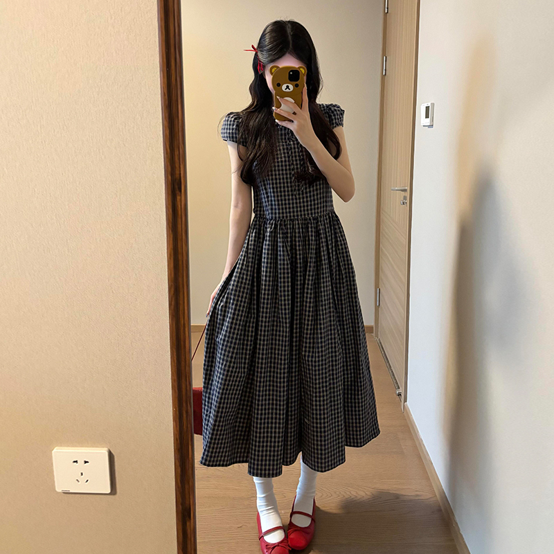 【清仓+运补5米】法式复古泡泡袖格纹连衣裙女气质显瘦超仙长裙1660