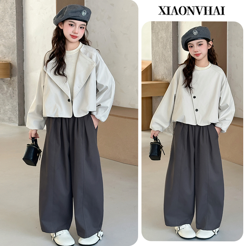 小女孩女童韩系简约花苞上衣套装2025新款休闲学生6-12岁宽松外套