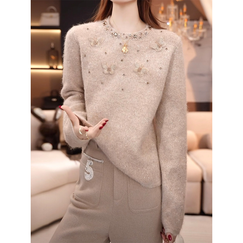2025秋冬新款法式重工轻奢亮片串珠立体蝴蝶时尚气质长袖针织衫女