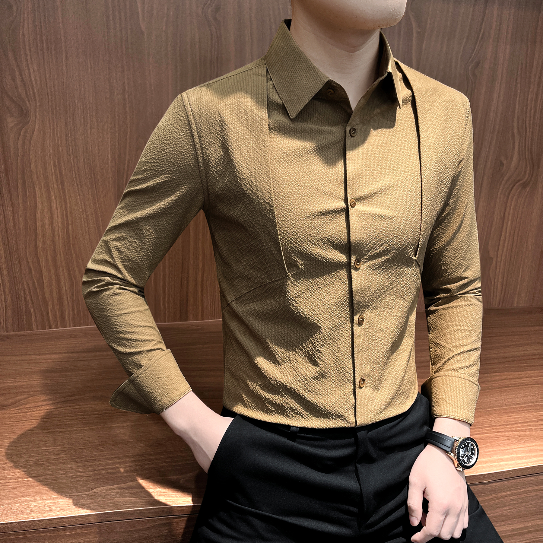 泡泡纱长袖衬衫男款爆款2025新款痞帅高级感男装拼接设计男士衬衣