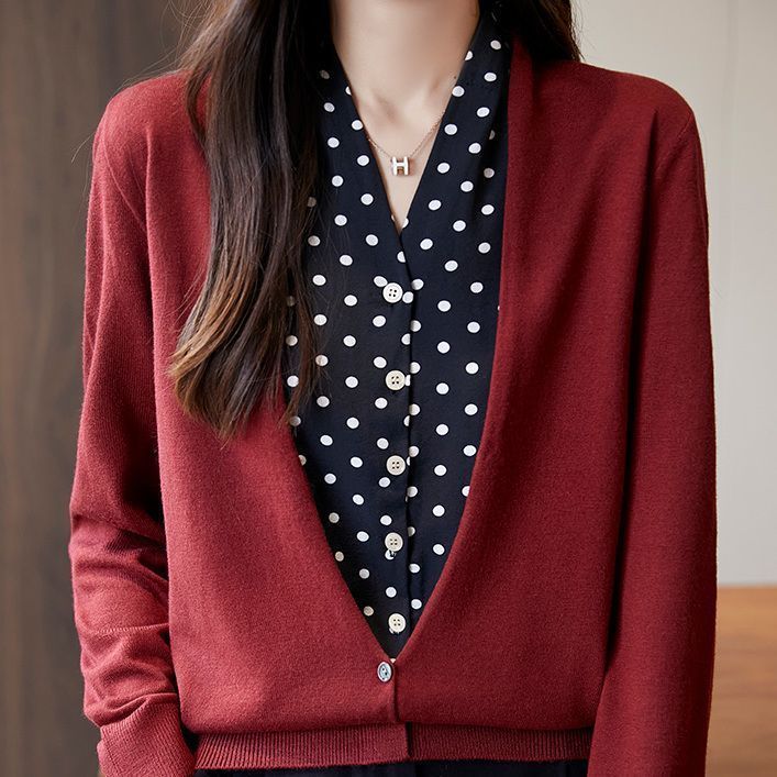 25爆款精纺假两件针织开衫外套妈妈装水墨画拼接V领毛针织衫女装