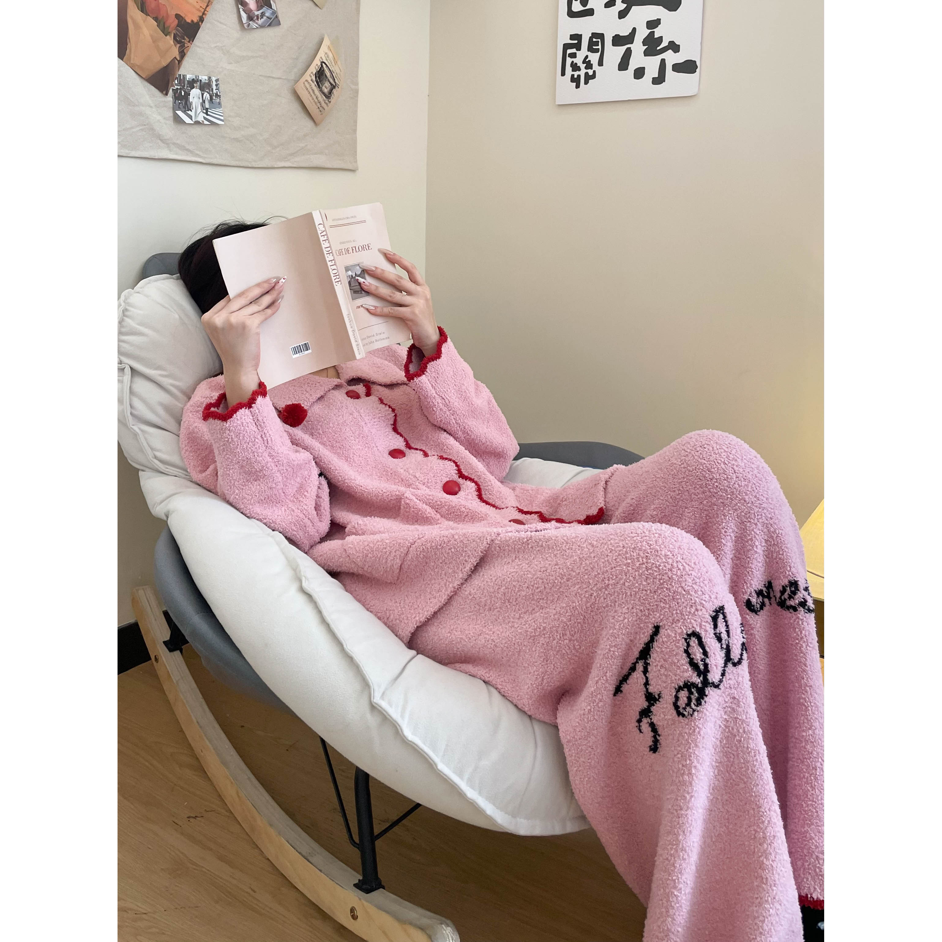 【甜心口袋】巨显白韩版半边绒睡衣女秋冬新款加绒保暖套装家居服