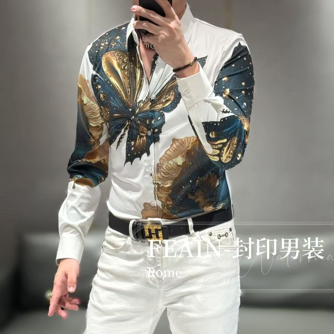 高端男士弹力莱卡宝石蝴蝶亚奥钻点缀长袖衬衫72596