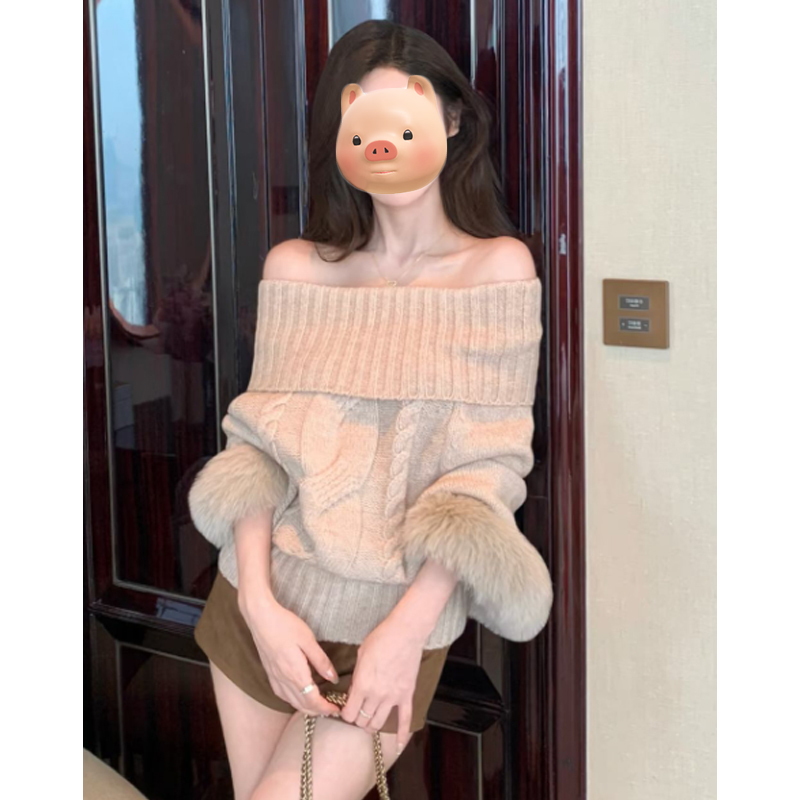 法式一字肩斗篷麻花毛边毛衣女宽松慵懒风露肩针织衫早秋chic上衣