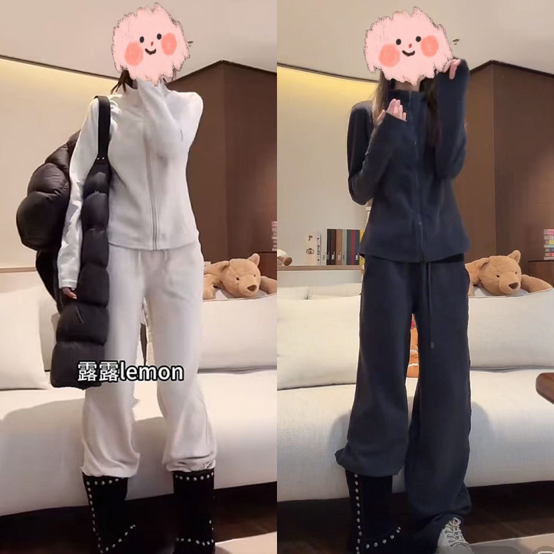 2025年秋季新款两件套修身小立领拉链外套松紧腰直筒裤运动感套装