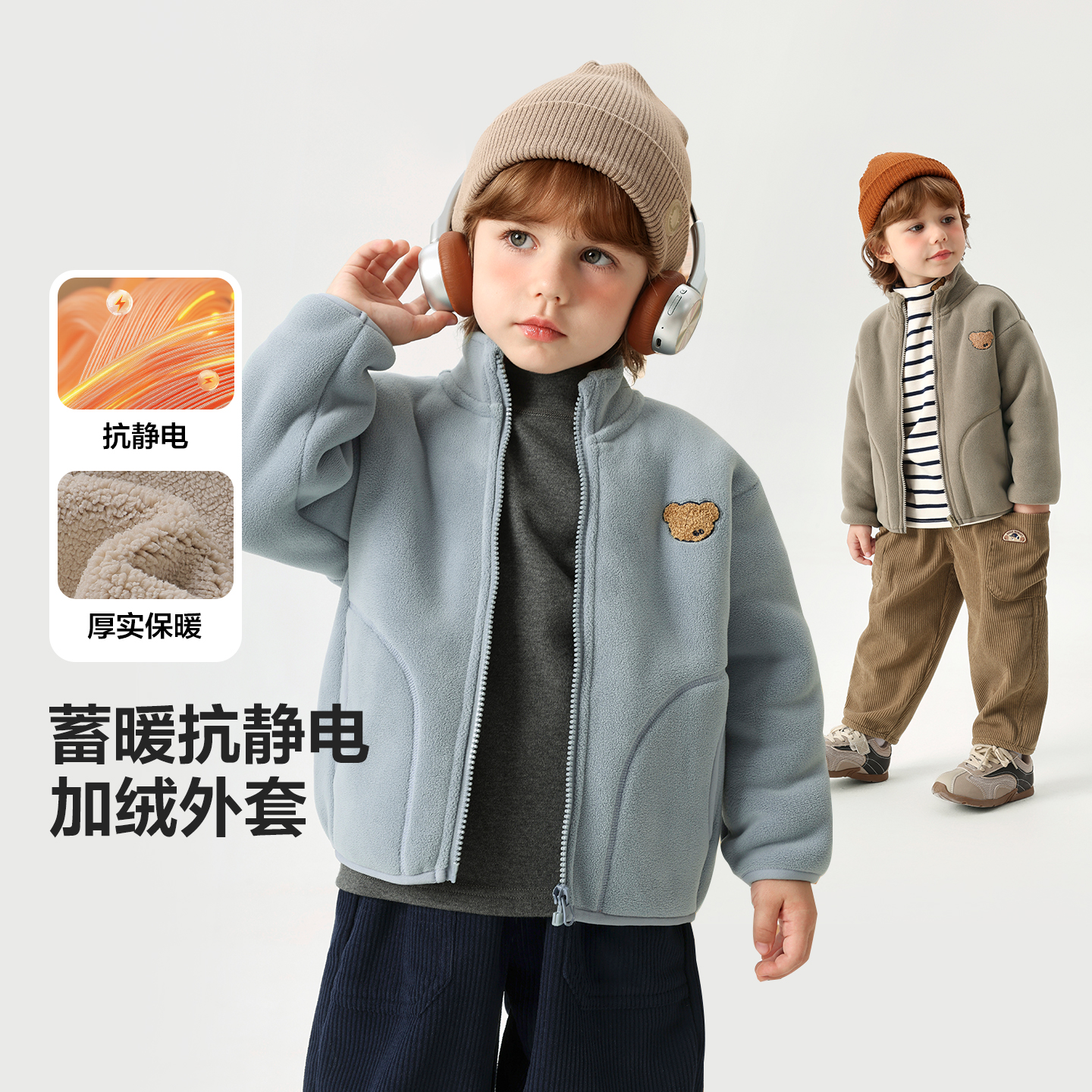 儿童加绒加厚小熊立领外套抗静电内里冬季新款儿童加厚外套U16773