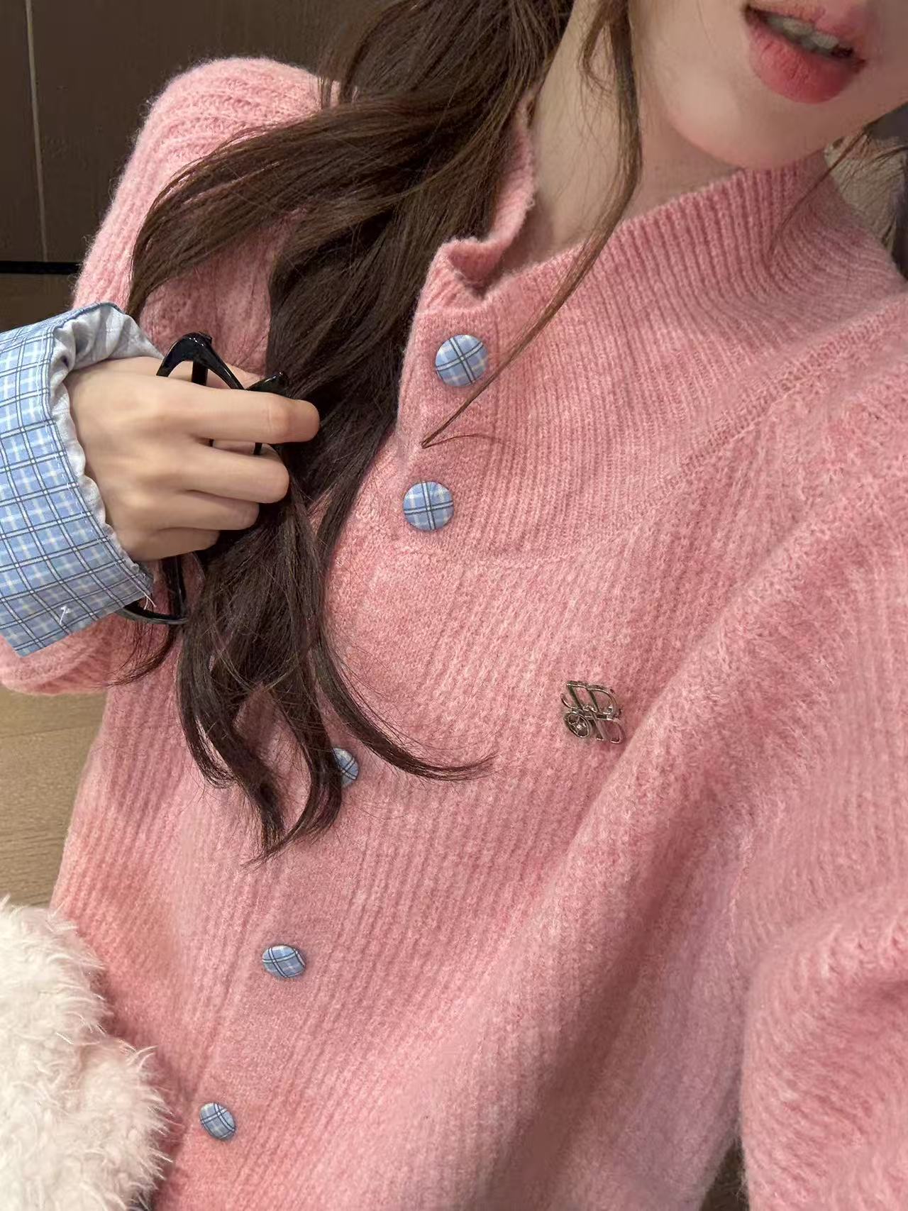 韩系复古灰色翻领长袖针织开衫女秋冬季慵懒风宽松显瘦毛衣外套