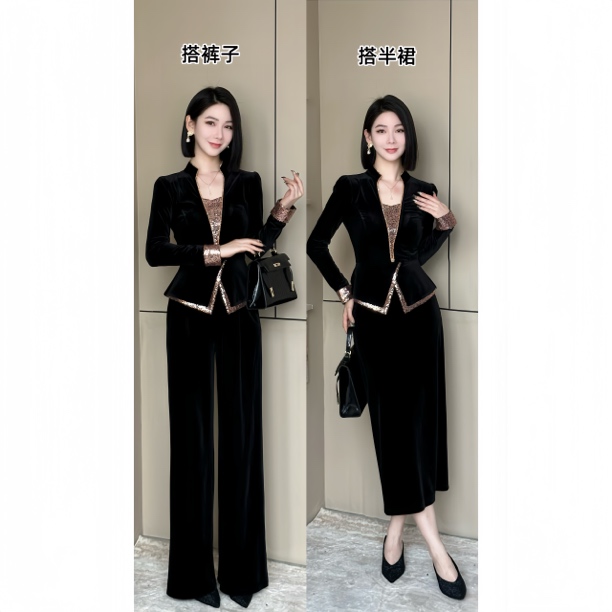 格娜2025新款秋季设计感时尚丝绒亮片刺绣长袖上衣修身显瘦女套装