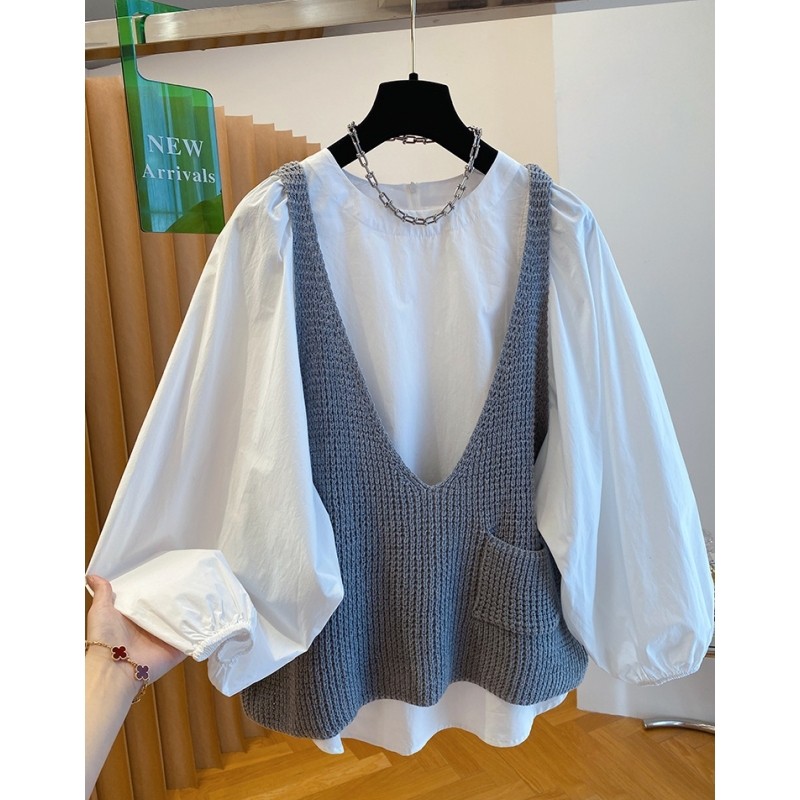 02194减龄针织马甲衬衫两件套上衣女新款宽松叠穿早秋氛围感穿搭