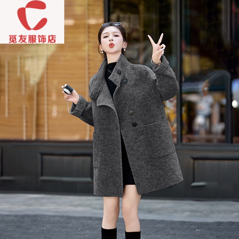 觅友服饰秋冬新款韩版宽松显瘦双面羊毛大衣女中长款高端灰色JHC