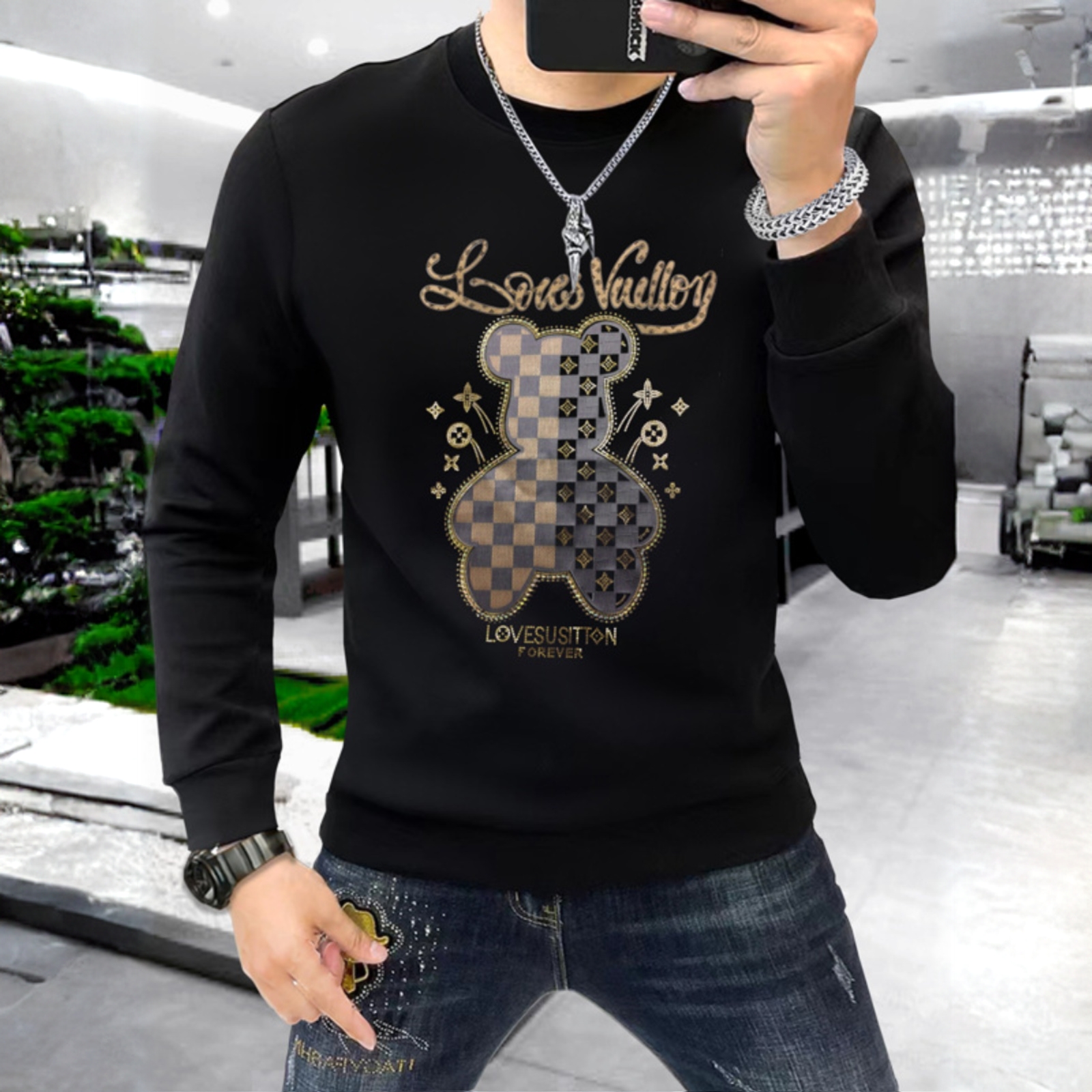 撒内摩劳轻奢高级感卫衣小熊烫印潮男士长袖秋季打底修身圆领上衣